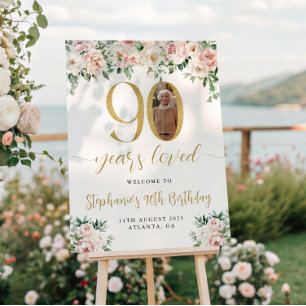 Blush Pink Floral Photo 90th Birthday Welcome Sign