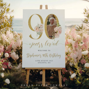 Blush Pink Floral Photo 90th Birthday Welcome Sign