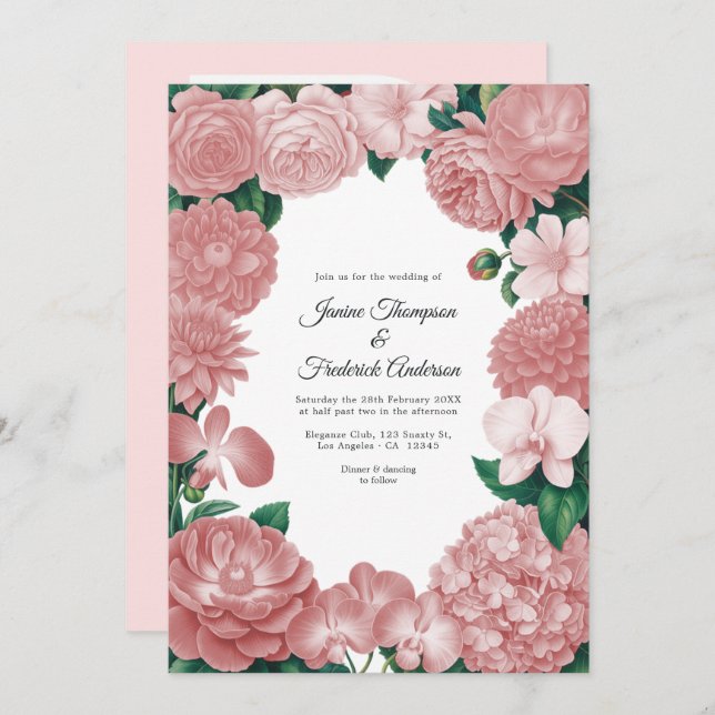Blush Pink Floral Photo and QR Code Wedding Invitation (Front/Back)