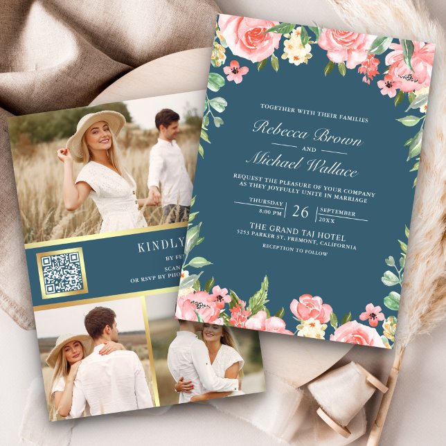 Blush Pink Floral Photo QR Code Dusty Blue Wedding Invitation (Creator Uploaded)