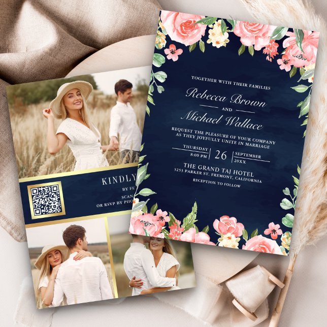 Blush Pink Floral Photo QR Code Navy Blue Wedding Invitation (Creator Uploaded)