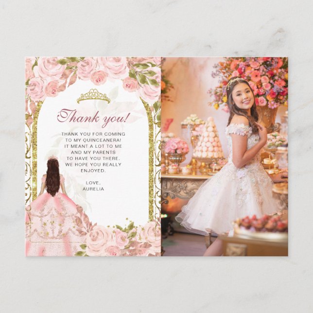 Blush Pink Floral Photo Quinceañera Thank You Postcard (Front)