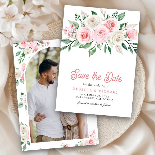Blush Pink Floral Photo Wedding Save The Date (Creator Uploaded)