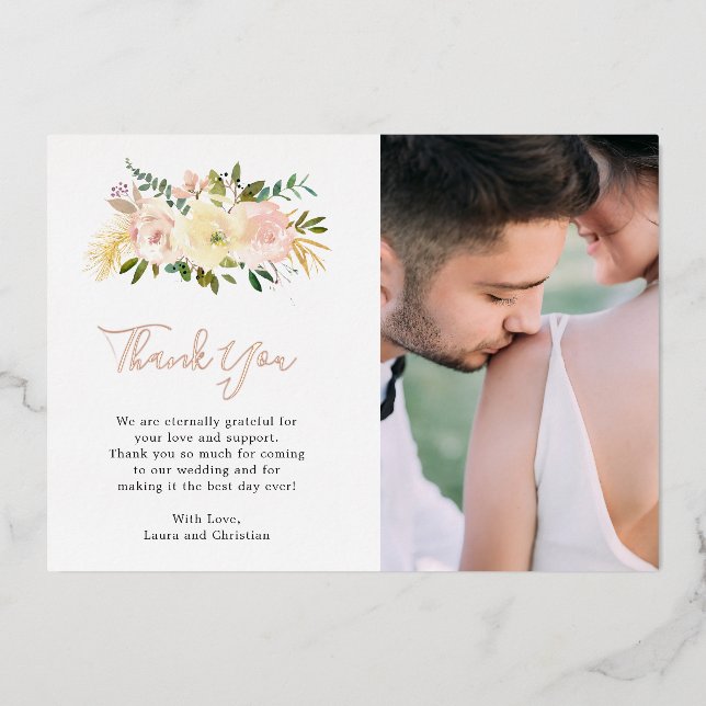 Blush Pink Floral Photo Wedding Thank You Card (Front)