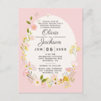 Blush pink floral postcard rehearsal dinner invite