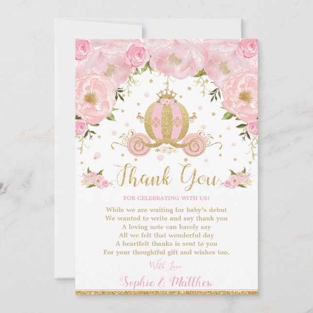 Blush Pink Floral Princess Baby Shower Carriage Thank You Card (Front)