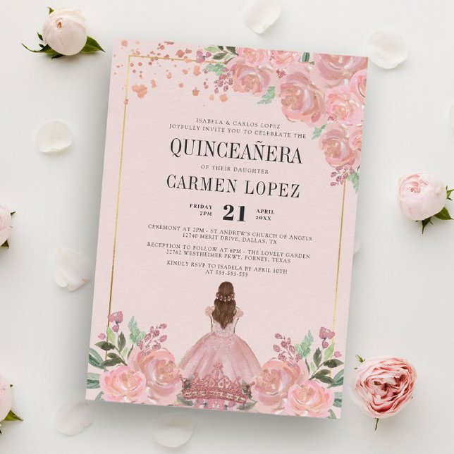 Blush Pink Floral Princess Birthday Quinceanera In Invitation (Creator Uploaded)