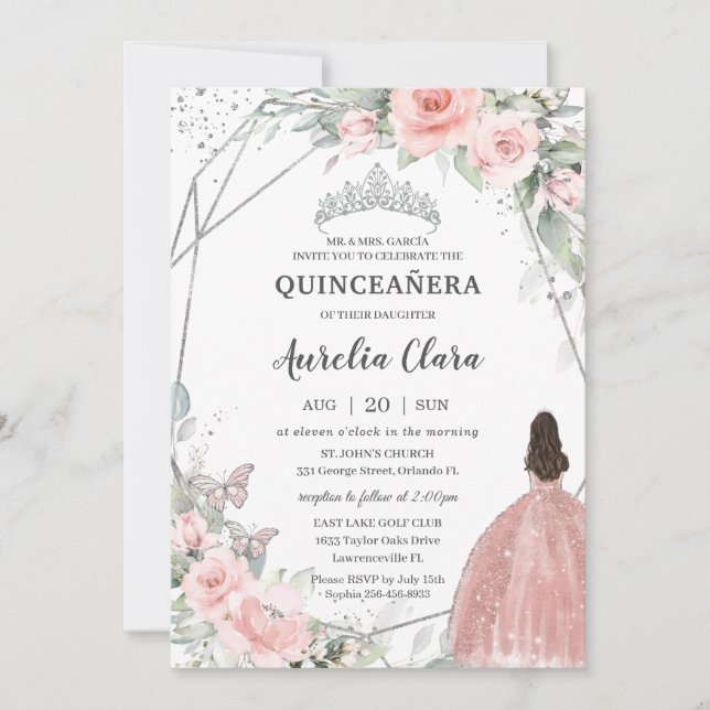 Blush Pink Floral Princess Butterflies Quinceañera Invitation (Front)