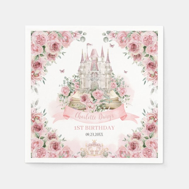 Blush Pink Floral Princess Castle Storybook Book Napkin (Front)