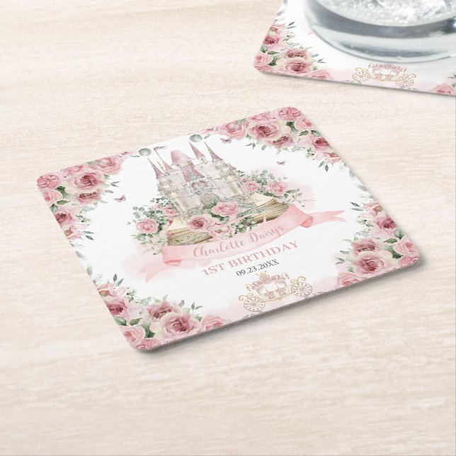 Blush Pink Floral Princess Castle Storybook Book Square Paper Coaster (Angled)