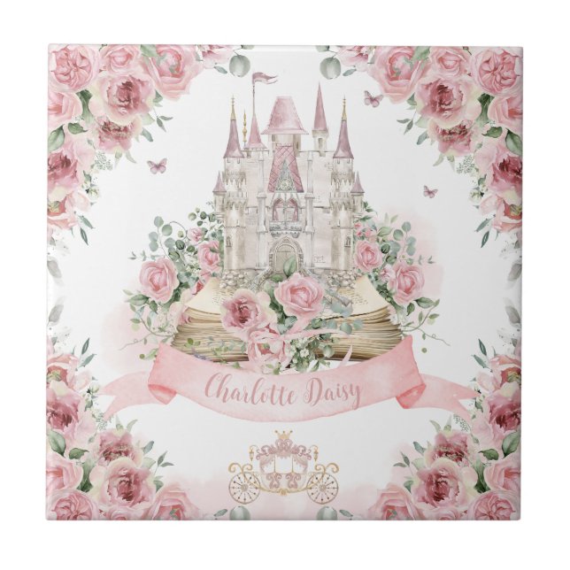 Blush Pink Floral Princess Castle Storybook Book Tile (Front)