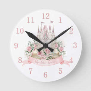 Blush Pink Floral Princess Castle Storybook Decor Round Clock