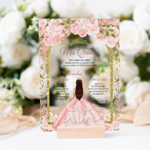 Blush Pink Floral Princess Gold Arch Quinceanera Acrylic Invitations