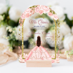 Blush Pink Floral Princess Gold Arch Quinceanera I Acrylic Invitations