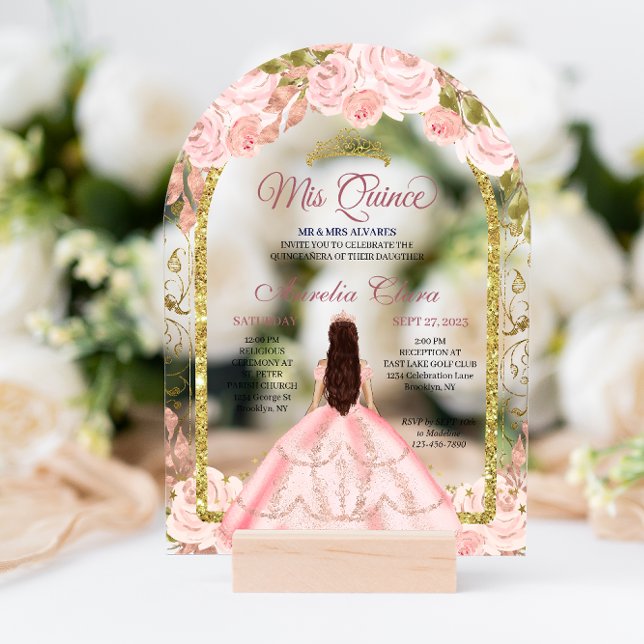 Blush Pink Floral Princess Gold Arch Quinceanera I Acrylic Invitations (Creator Uploaded)