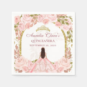 Blush Pink Floral Princess Gold Arch Quinceanera Napkin