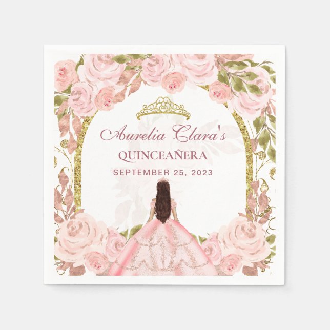 Blush Pink Floral Princess Gold Arch Quinceanera  Napkin (Front)