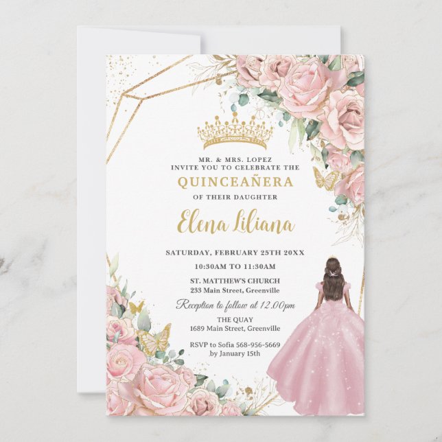 Blush Pink Floral Princess Gold Quinceanera 15 XV Invitation (Front)