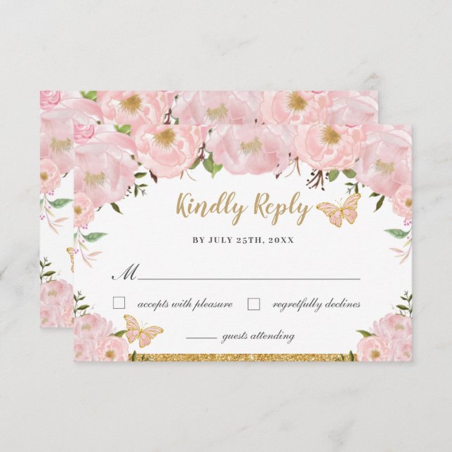 Blush Pink Floral Princess Quinceañera Butterflies RSVP Card (Front/Back)