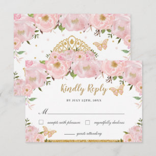 Blush Pink Floral Princess Quinceañera Butterflies RSVP Card