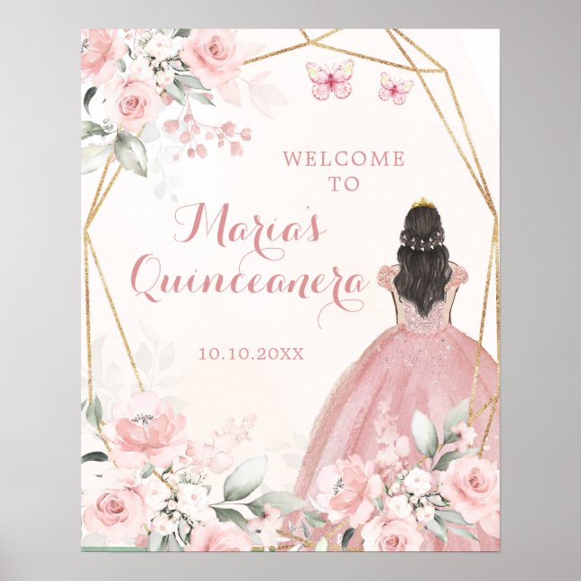 Blush Pink Floral Princess Quinceañera Welcome Poster (Front)