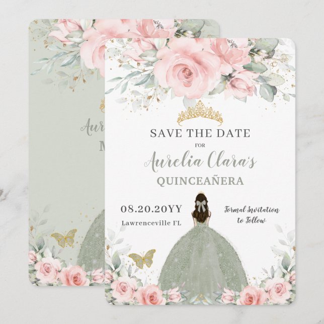 Blush Pink Floral Princess Sage Green Quinceañera  Save The Date (Front/Back)