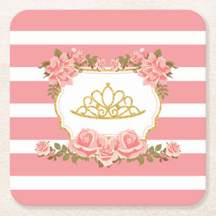 Blush Pink Floral Princess Theme Party Square Paper Coaster