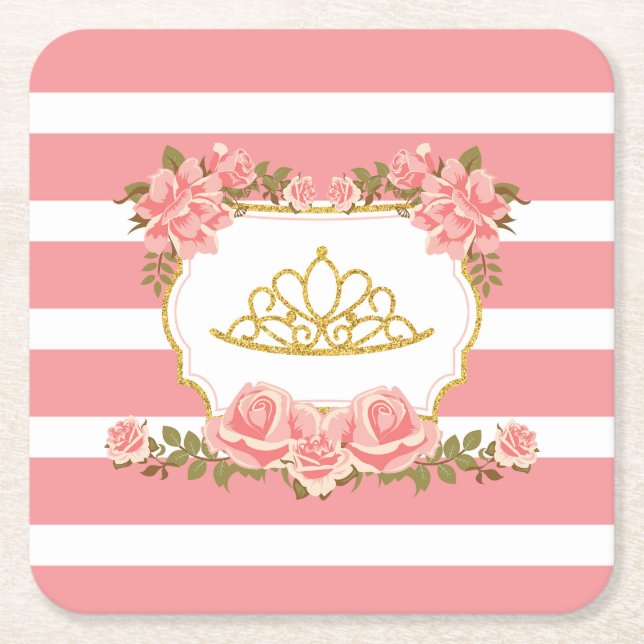 Blush Pink Floral Princess Theme Party Square Paper Coaster (Front)