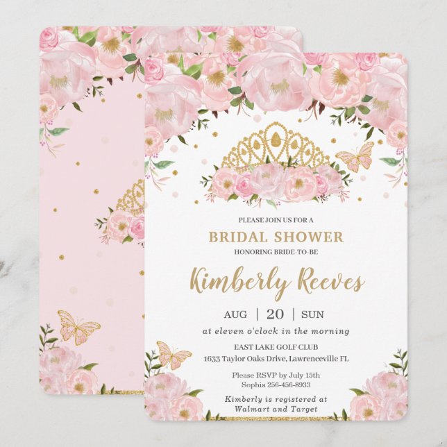 Blush Pink Floral Princess Tiara Bridal Shower Invitation (Front/Back)