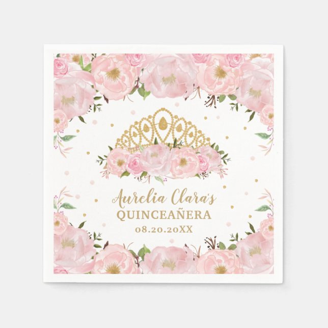 Blush Pink Floral Princess Tiara Crown QUINCEAÑERA Napkin (Front)