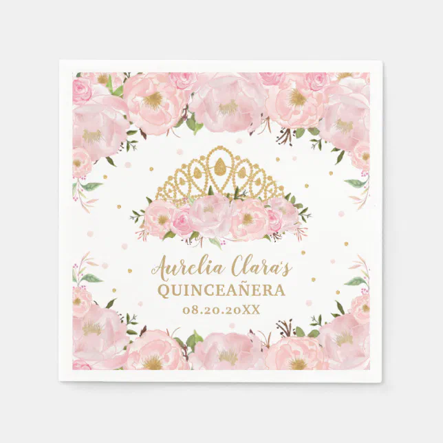 Blush Pink Floral Princess Tiara Crown QUINCEAÑERA Napkin | Zazzle