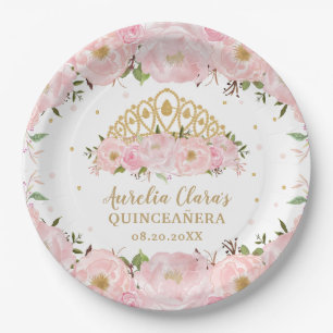 Blush Pink Floral Princess Tiara Crown QUINCEAÑERA Paper Plate
