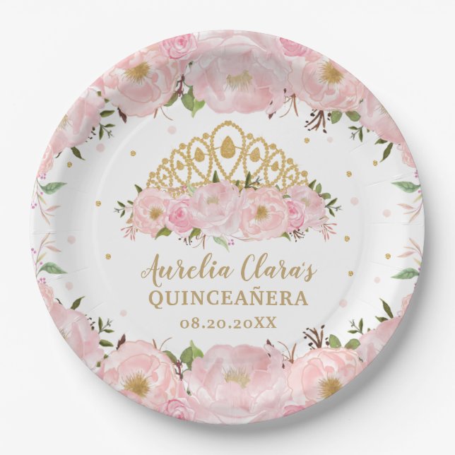 Blush Pink Floral Princess Tiara Crown QUINCEAÑERA Paper Plate (Front)