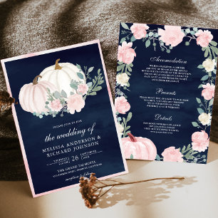 Blush Pink Floral Pumpkin All in One Navy Wedding Invitation
