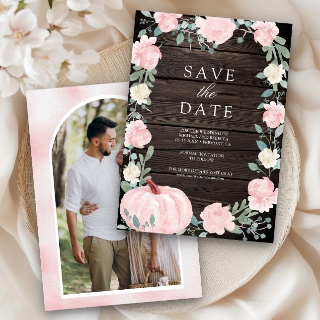 Blush Pink Floral Pumpkin Barn Wood Photo Wedding Save The Date (Creator Uploaded)