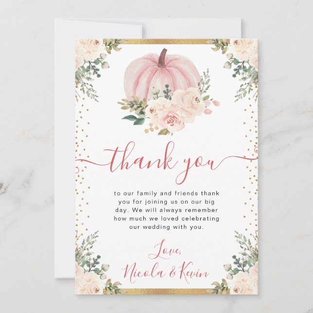 Blush Pink Floral Pumpkin Fall Wedding Thank You Card (Front)