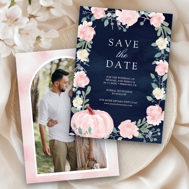Blush Pink Floral Pumpkin Navy Blue Photo Wedding Save The Date (Creator Uploaded)