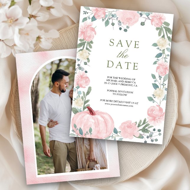 Blush Pink Floral Pumpkin Photo Wedding Save The Date (Creator Uploaded)