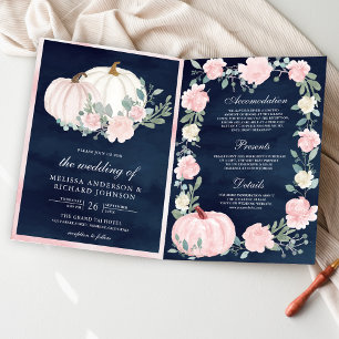 Blush Pink Floral Pumpkin QR Code Navy Wedding Invitation