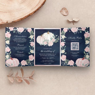 Blush Pink Floral Pumpkin QR Code Navy Wedding Tri-Fold Invitation