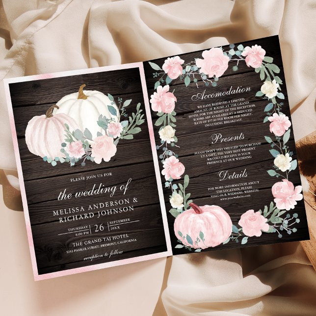 Blush Pink Floral Pumpkin QR Code Wood Wedding Invitation (Creator Uploaded)