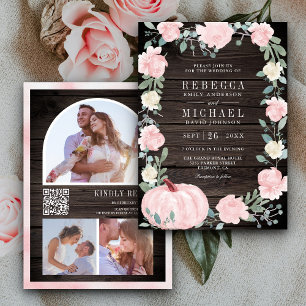 Blush Pink Floral Pumpkin QR Code Wood Wedding Invitation