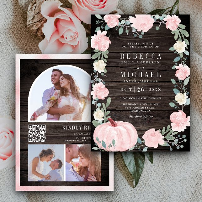Blush Pink Floral Pumpkin QR Code Wood Wedding Invitation (Creator Uploaded)