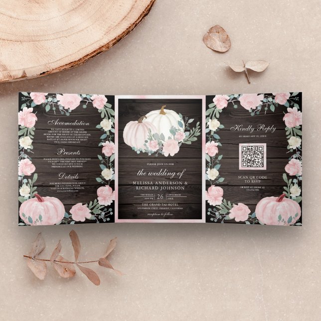Blush Pink Floral Pumpkin QR Code Wood Wedding Tri-Fold Invitation (Creator Uploaded)
