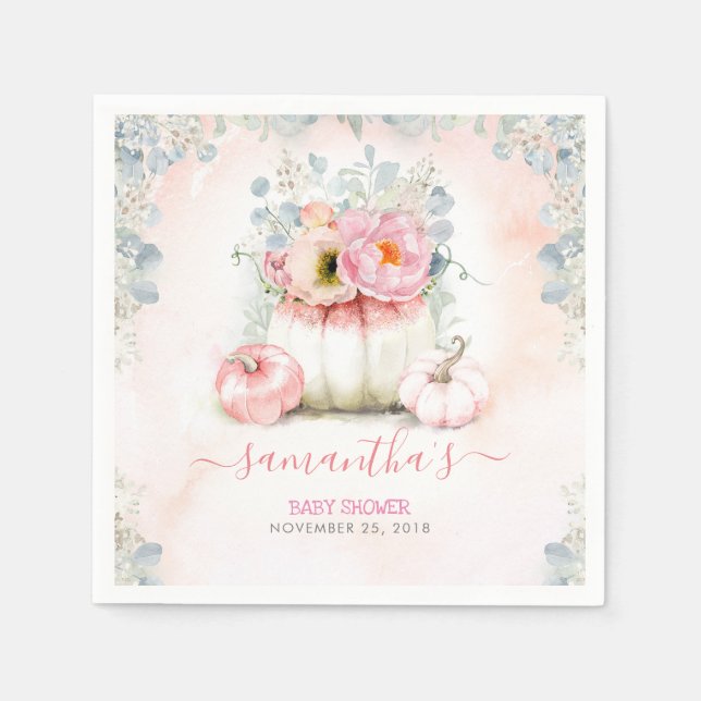 Blush Pink Floral Pumpkins Fall Baby Shower Napkin (Front)