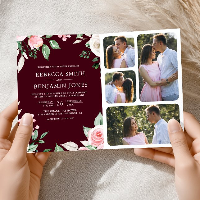 Blush Pink Floral QR Code Burgundy Wedding Invitation (Creator Uploaded)