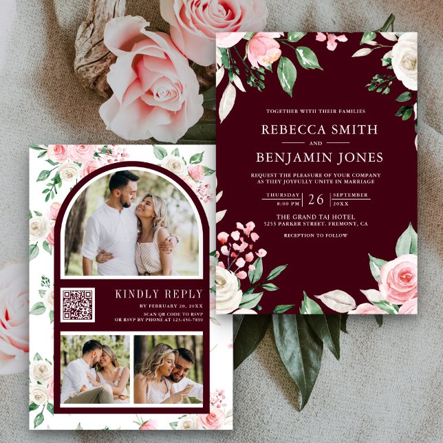 Blush Pink Floral QR Code Burgundy Wedding Invitation (Creator Uploaded)