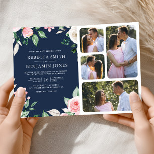 Blush Pink Floral QR Code Navy Blue Wedding Invitation
