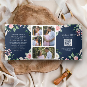 Blush Pink Floral QR Code Navy Blue Wedding Tri-Fold Invitation