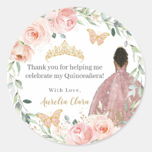 Blush Pink Floral Quinceañera Birthday Brown Girl Classic Round Sticker